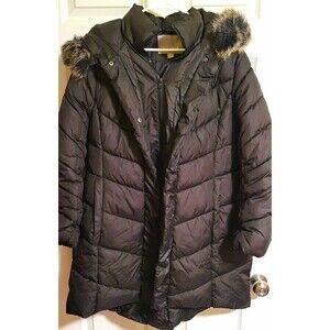 Falls Creek Puffer Jacket Womens 1X Black Hooded Faux Fur Trim Pockets